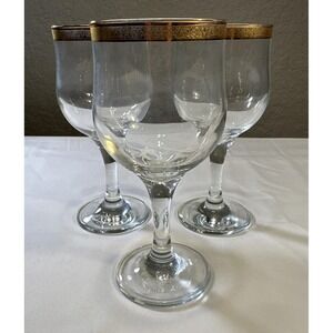 MCM Set of 3 Vintage Cellini Etched Gold Rim/Trim Wine Goblets Madmen
